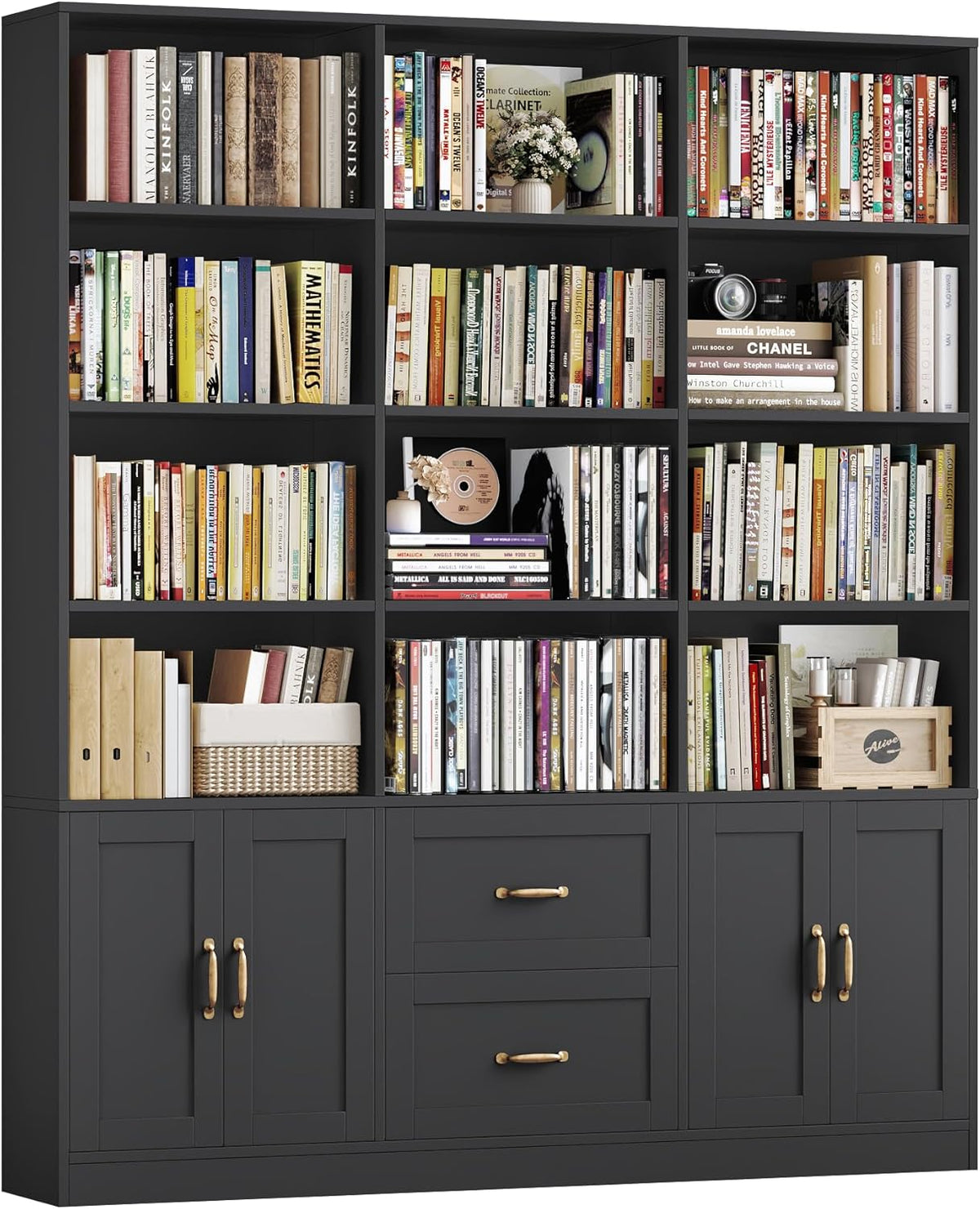 HOSTACK 71" Tall Triple Wide Bookshelf with Storage Drawers & Doors, Black