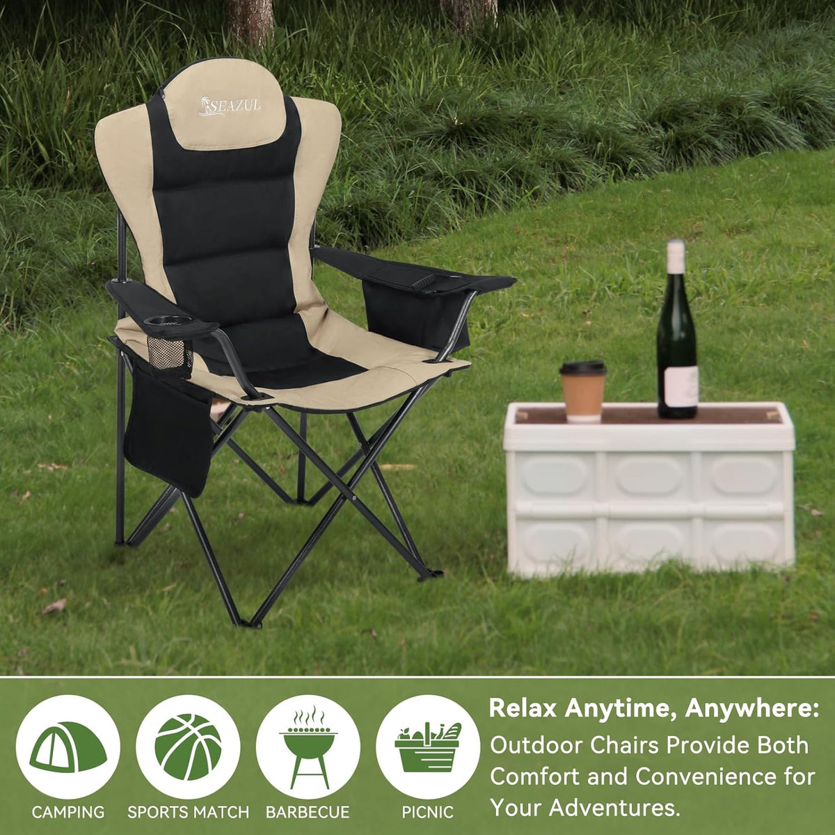 Camping Chairs for Adults, Heavy Duty Camping Chairs 2 Pack, Folding Chairs for Outside, Support 380 LBS, Portable Travel Outdoor Camp Chair with Cup Holder & Cooler Bag, Sports Chairs, Khaki
