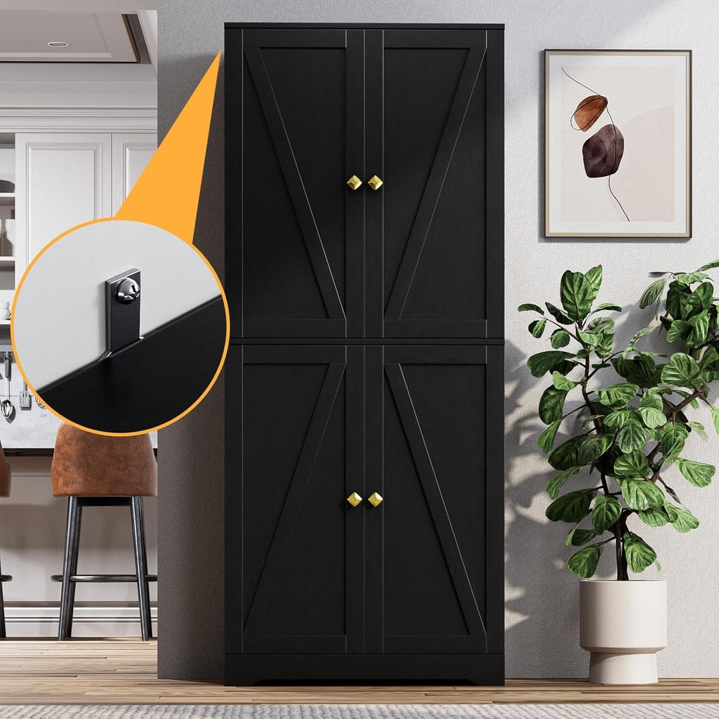 LYNSOM Kitchen Pantry Storage Cabinet 72“ Tall, Farmhouse Pantry Cabinet with Barn Doors and Adjustable Shelves, Black Storage Cabinets for Kitchen, Dining Room