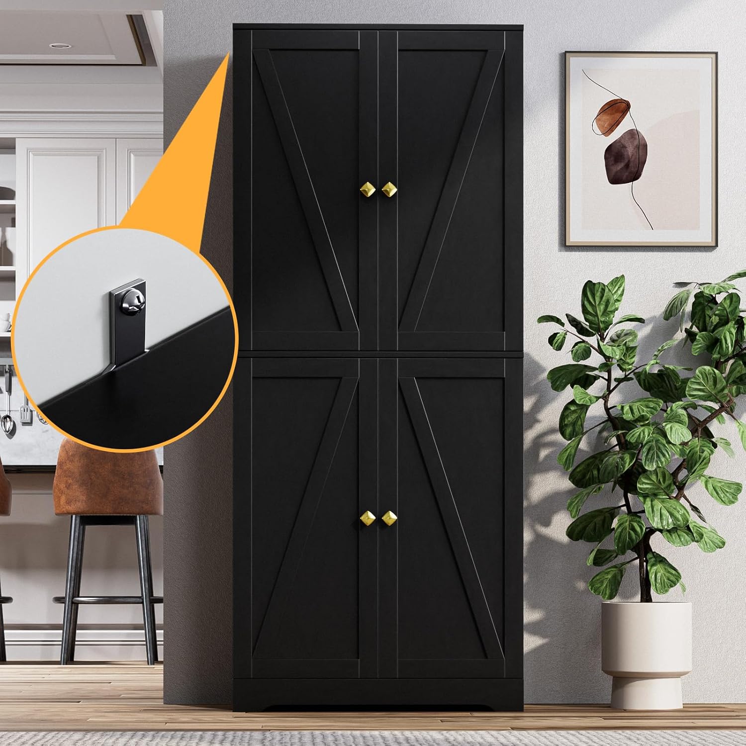 LYNSOM Kitchen Pantry Storage Cabinet 72“ Tall, Farmhouse Pantry Cabinet with Barn Doors and Adjustable Shelves, Black Storage Cabinets for Kitchen, Dining Room