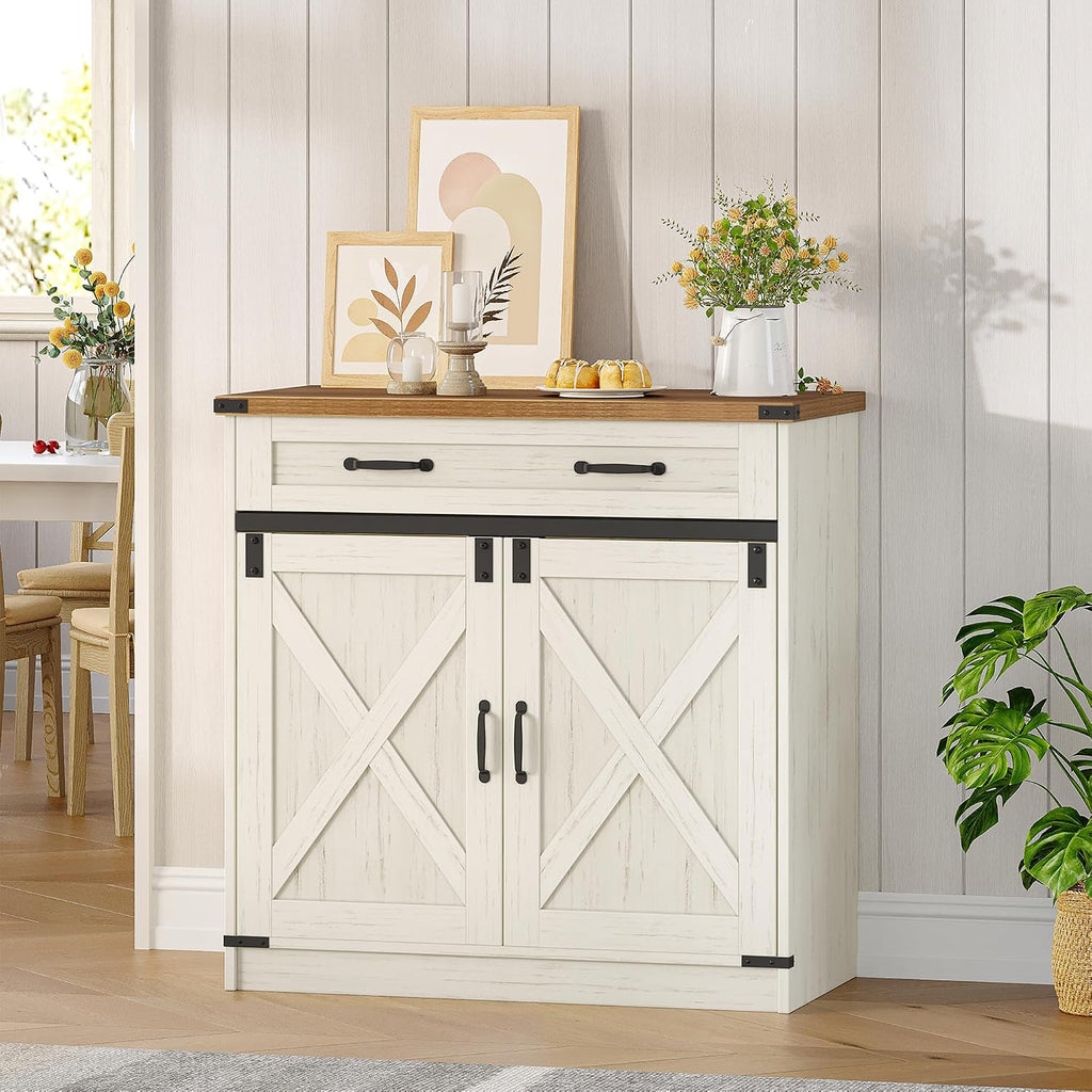 Hzuaneri Kitchen Storage Cabinet, Buffet Cabinet with Storage, Modern Farmhouse Sideboard Cabinets with Drawer, 31.5" Coffee Bar Cabinets with Doors & Adjustable Shelves, for Kitchen, White Brown