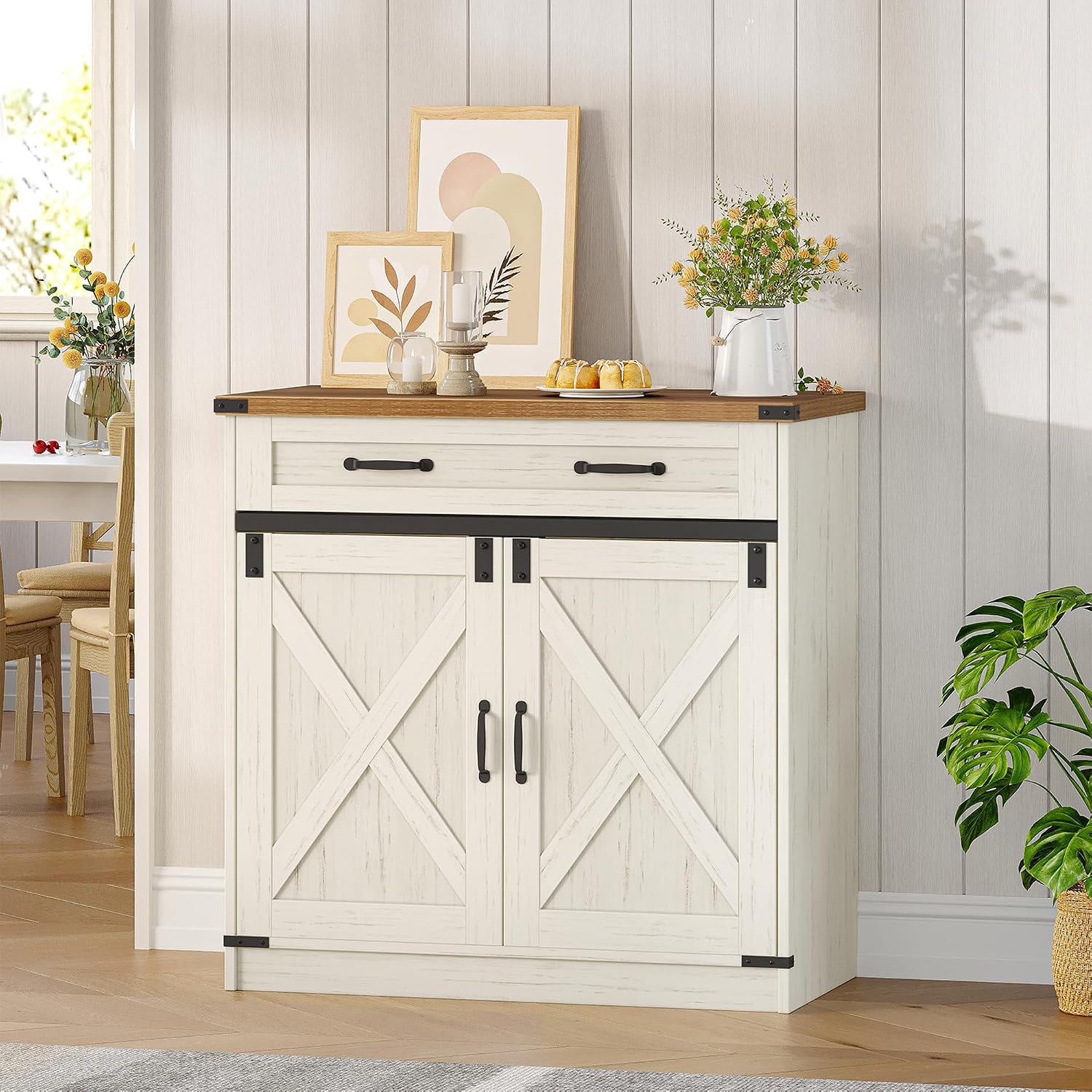 Hzuaneri Kitchen Storage Cabinet, Buffet Cabinet with Storage, Modern Farmhouse Sideboard Cabinets with Drawer, 31.5" Coffee Bar Cabinets with Doors & Adjustable Shelves, for Kitchen, White Brown