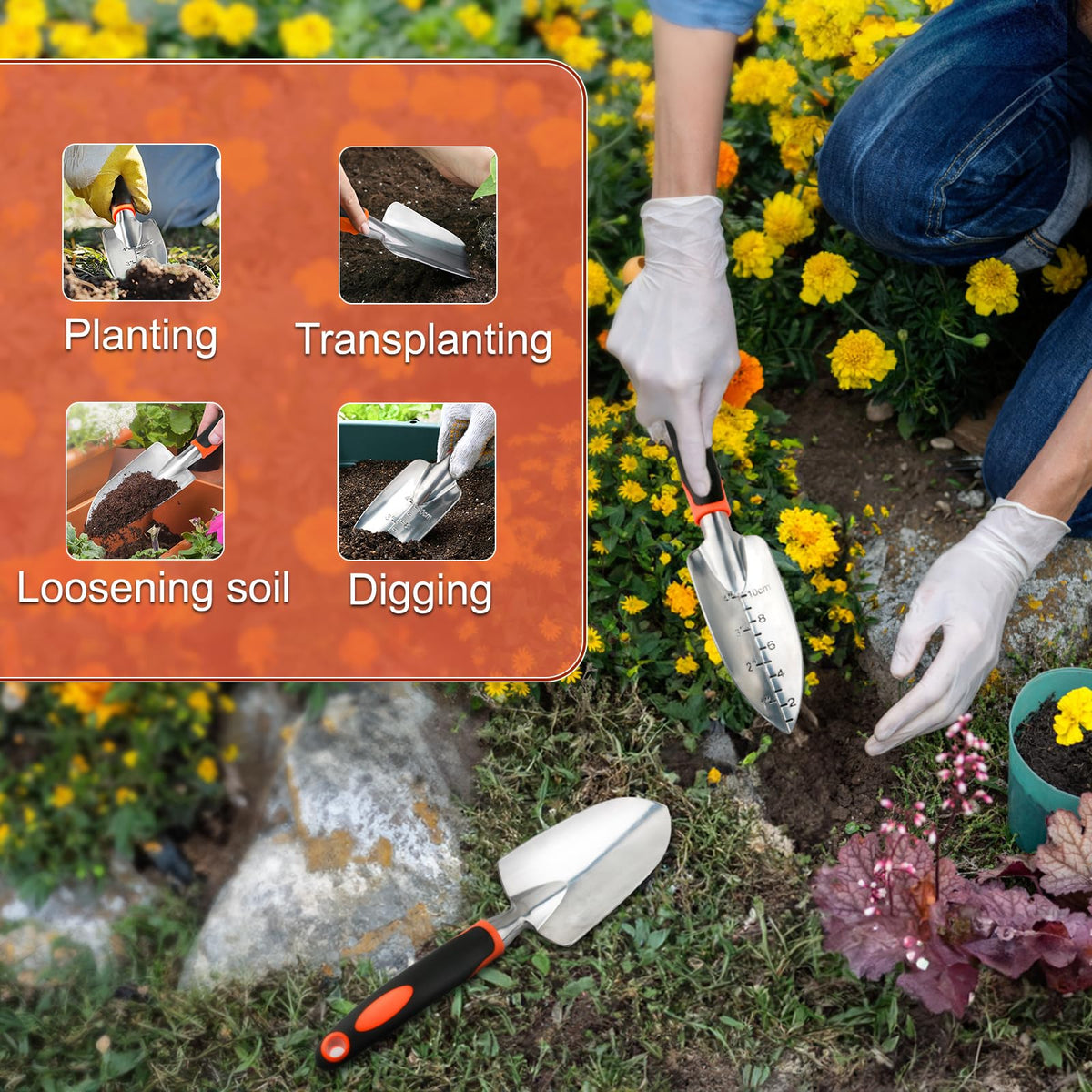 Garden Shovel Trowel Garden Tool Set, 2 Pack Heavy Duty Gardening Tools Set Include Wide Garden Trowel, Hand Shovel with Measurement Mark, Small Shovels for Gardening Digging Planting Transplanting