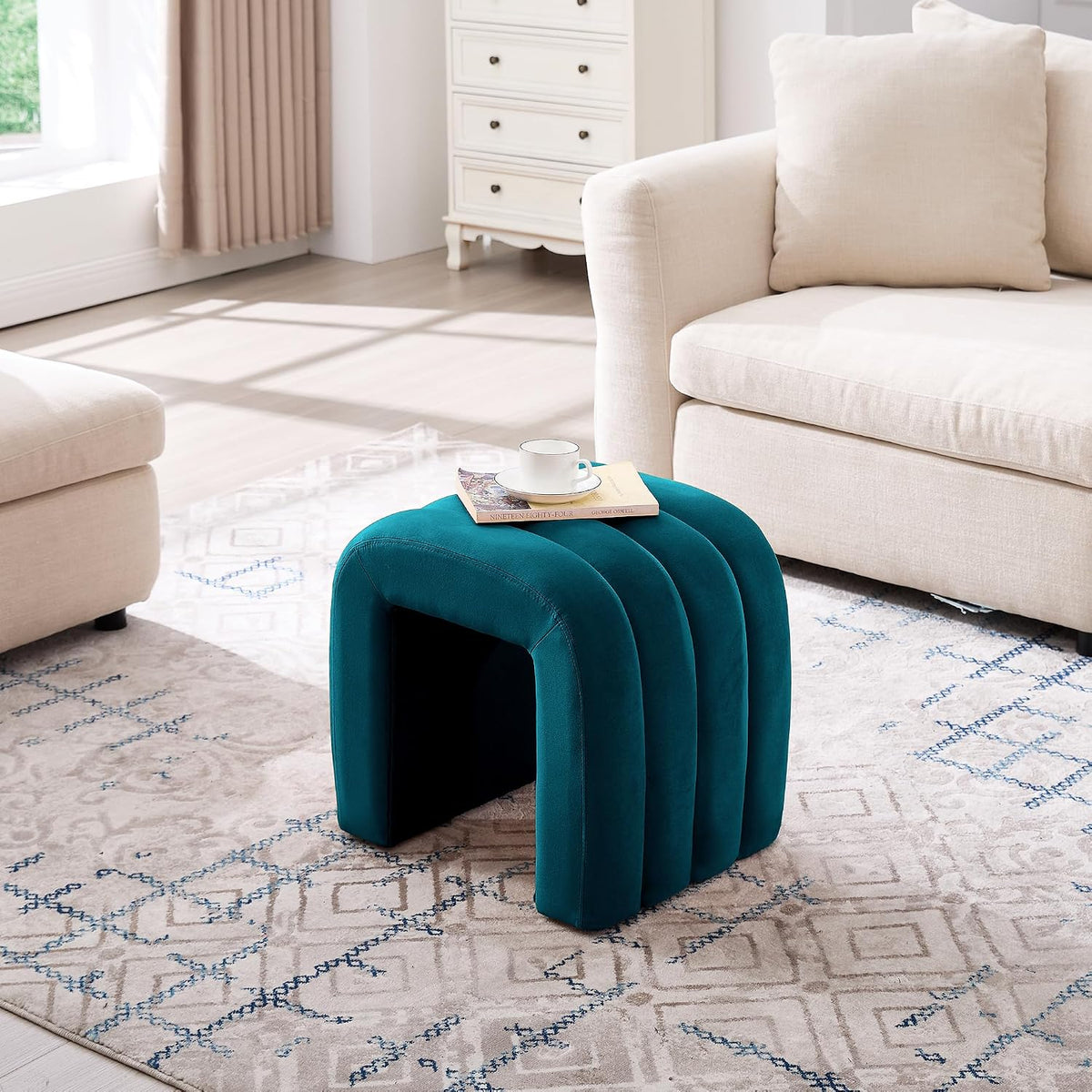 Multi-Functional Ottoman Stool, Footrest for Couch, Modern Vanity Stool for Make-up Room, Living Room and Entryway, Small Cute Footstool (Teal Velvet)