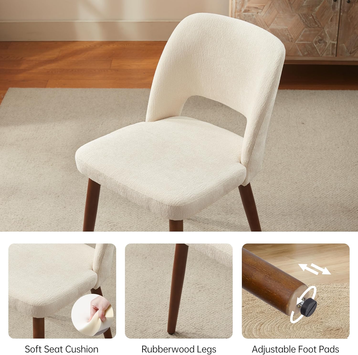 Usaint Wooden Dining Chairs Set of 2, 19.3" Modern Fabric Upholstered Dining Room Chair with Ergonomic Curved Backrest for Kitchen Dining Room and Restaurant, Beige