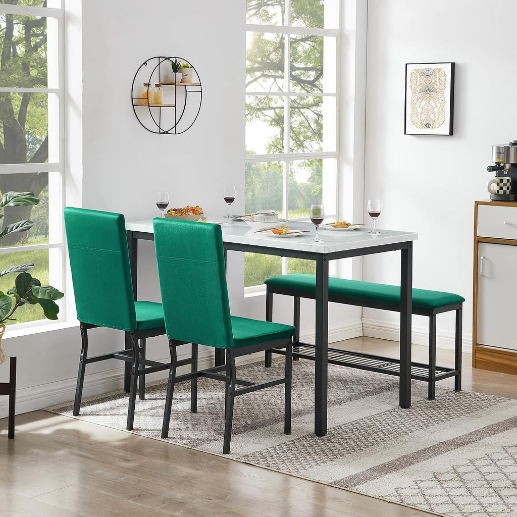 YOFE Dining Table Set for 4,Faux Marble Kitchen Table,Kitchen Table Chairs Set with Velvet Chairs,Bench with Storage Net for Dining Room,Small Apartment (Green 1+3)