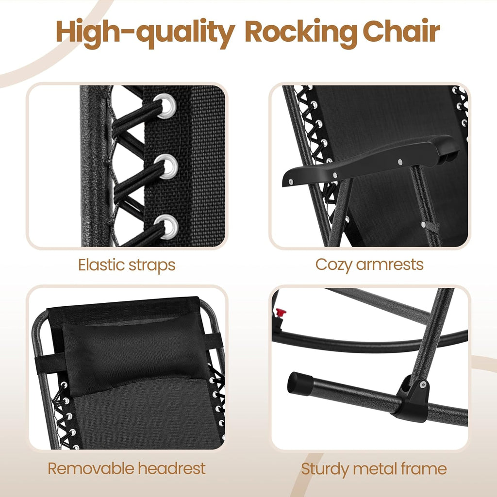 Yaheetech 26in Rocking Chair Outdoor Zero Gravity Folding Chairs Rocking Chairs Foldable Outdoor Reclining Lounge Chair for Outside Lawn with Cupholder/Pillow Ergonomic Design for Rest, Black