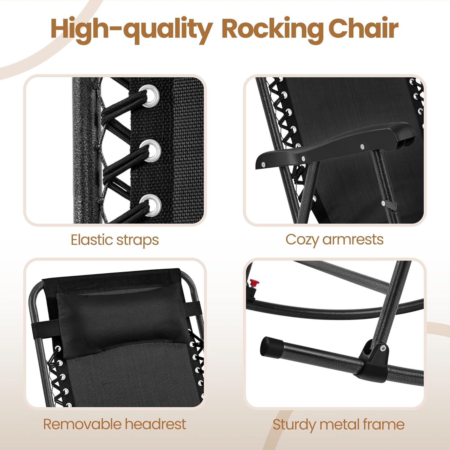 Yaheetech 26in Rocking Chair Outdoor Zero Gravity Folding Chairs Rocking Chairs Foldable Outdoor Reclining Lounge Chair for Outside Lawn with Cupholder/Pillow Ergonomic Design for Rest, Black