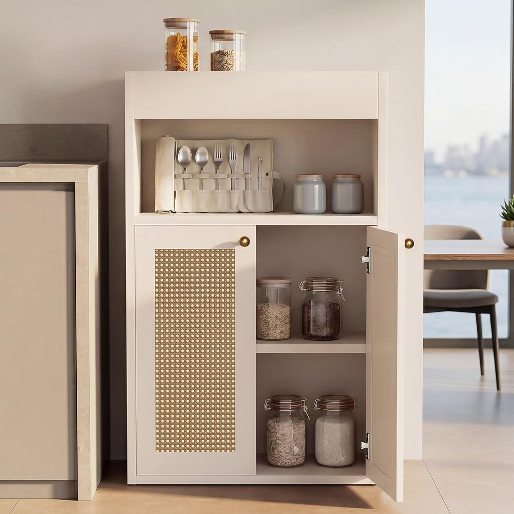 Rattan Bathroom Storage Cabinet, Freestanding Floor Organizer with Anti-Tip Devices and Adjustable Shelf, Kitchen Pantry for Living Room, Dining Room, White