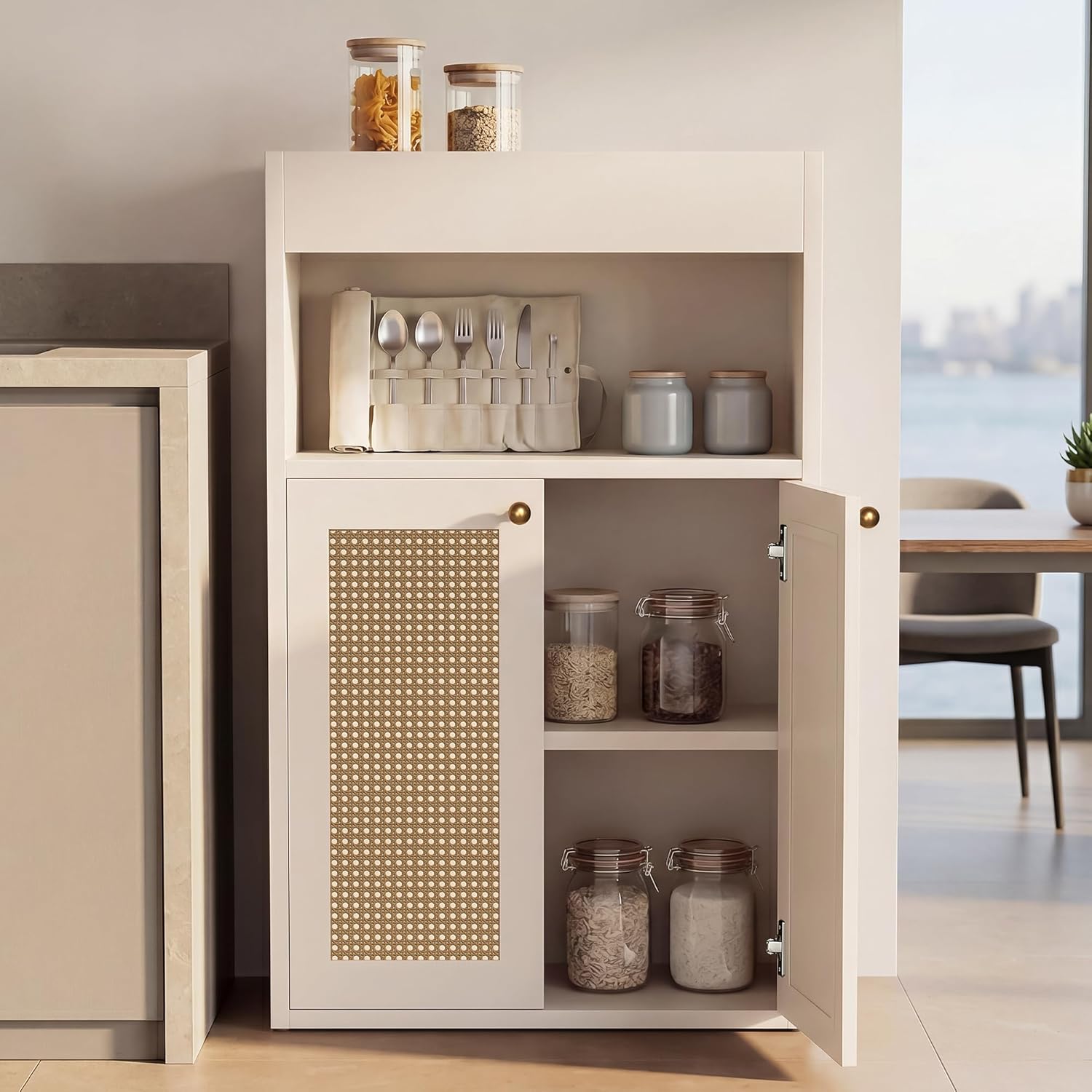 Rattan Bathroom Storage Cabinet, Freestanding Floor Organizer with Anti-Tip Devices and Adjustable Shelf, Kitchen Pantry for Living Room, Dining Room, White