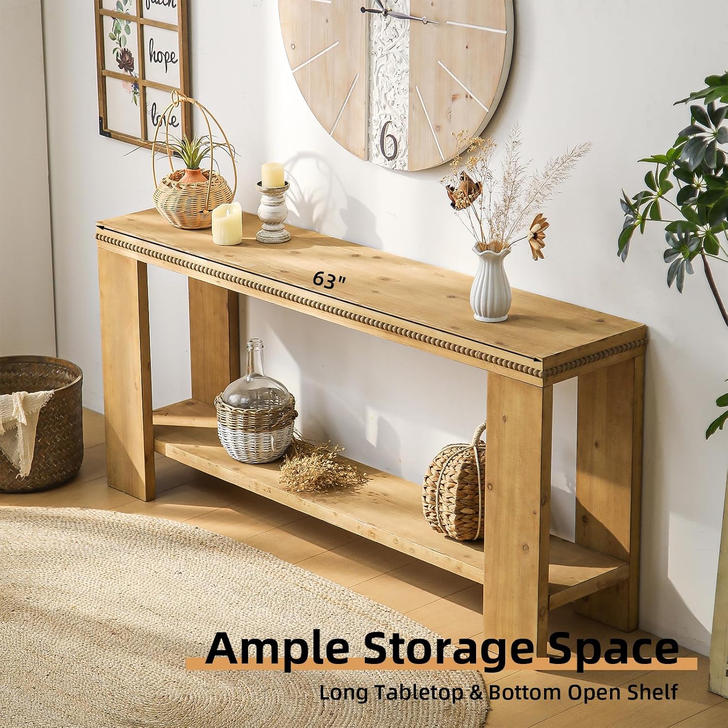 Console Sofa Table with Storage, 63" Long Wood Console Table with Beaded Trim and Storage Shelf, 2-Tier Narrow Entryway Table for Hallway, Foyer, or Behind Couch Living Room