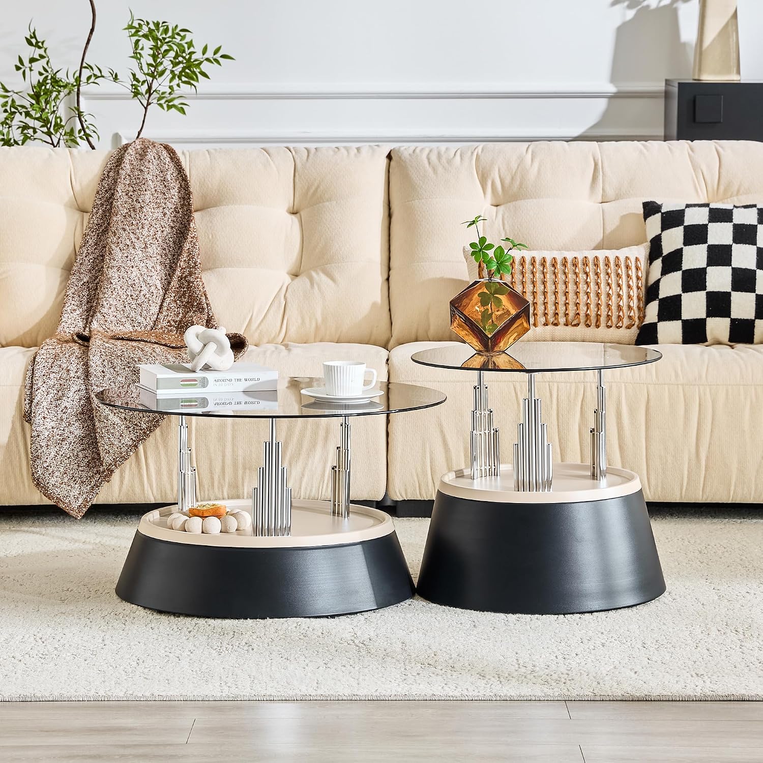 Nesting Coffee Table Set of 2, Modern Round Tempered Glass Center Table | Modern Tempered Glass Side Tea Table with Heavy Duty Metal Disc Base for Small Apartment Space Saving Furniture Décor, Black