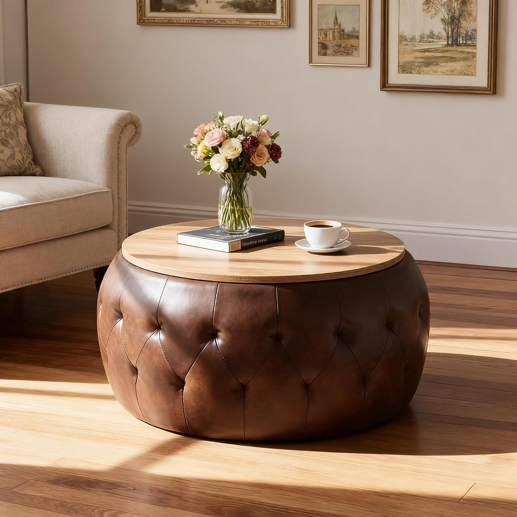 YDcosyfy 25 Inches Large Round Storage Ottoman, Modern Upholstered Ottoman Coffee Table, Wooden Top, Faxu Leather Surface, for Living Room, Bedroom, Classic Tufting, Brown