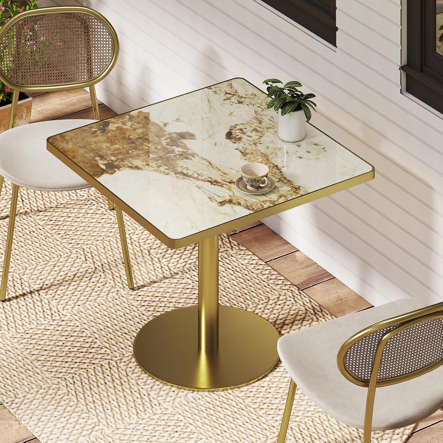 31.5 Inch Square Tulip Table with Thickened Sintered Stone Tabletop & Golden Metal Pedestal, Small Dining Table Bistro Table for Diner, Bar, Restaurant, Café, Bakery, Apartment (Amber Vein)