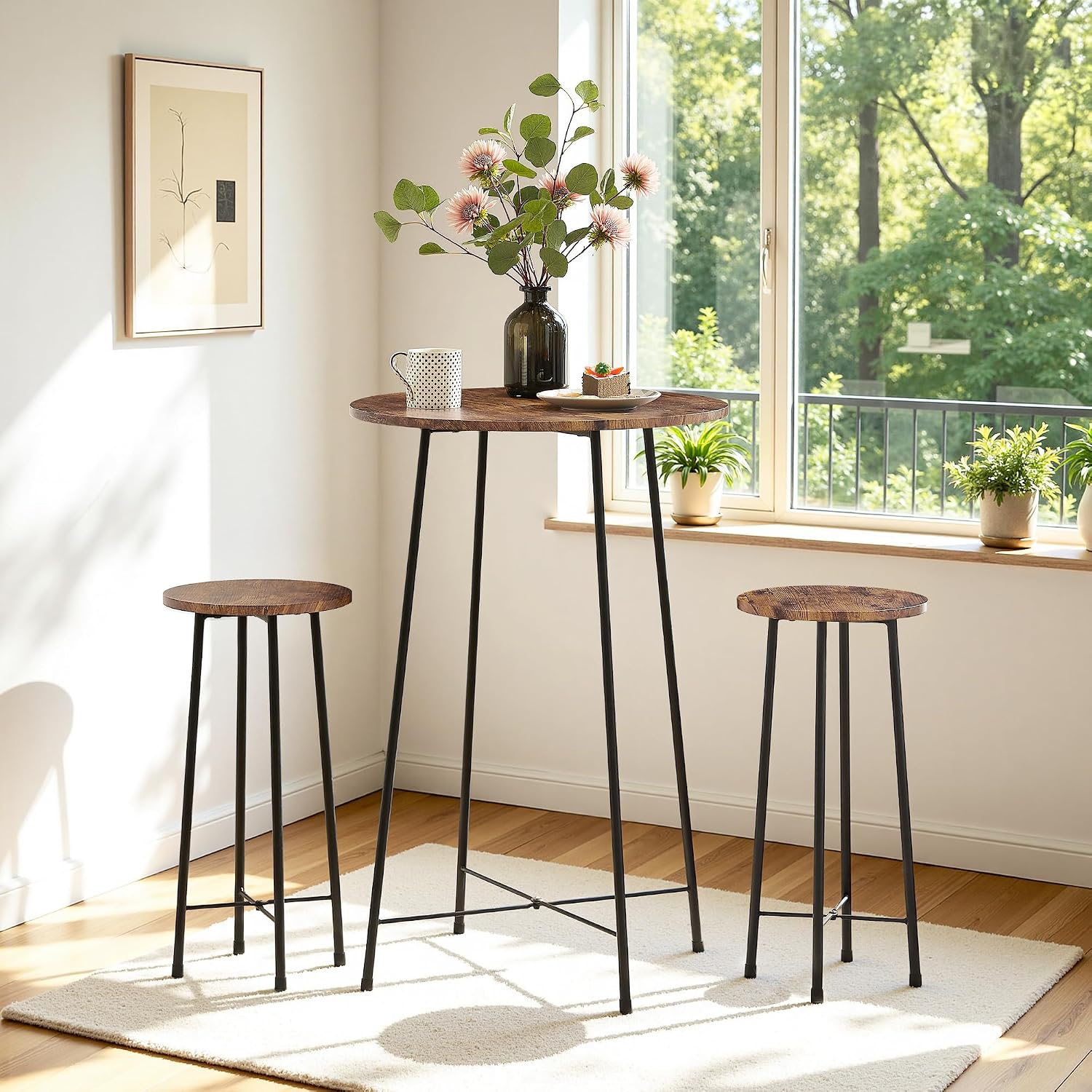VECELO 3 Piece Pub Table and Chairs Sets Counter Height Bistro Bar Sets with 2 Barstools for Kitchen Breakfast Nook, Small Space, Apartment, Breakfast Dinner Restaurant, Brown