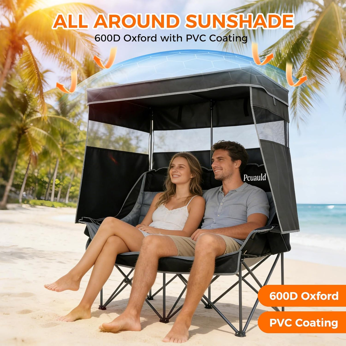 Double Camping Chair with Canopy Heavy Duty 2 Person Folding Loveseat Beach Chair with Shade High Back Oversized Outdoor Camping Couch with Cup Holders & Wine Racks for Lawn, Fishing, Sports