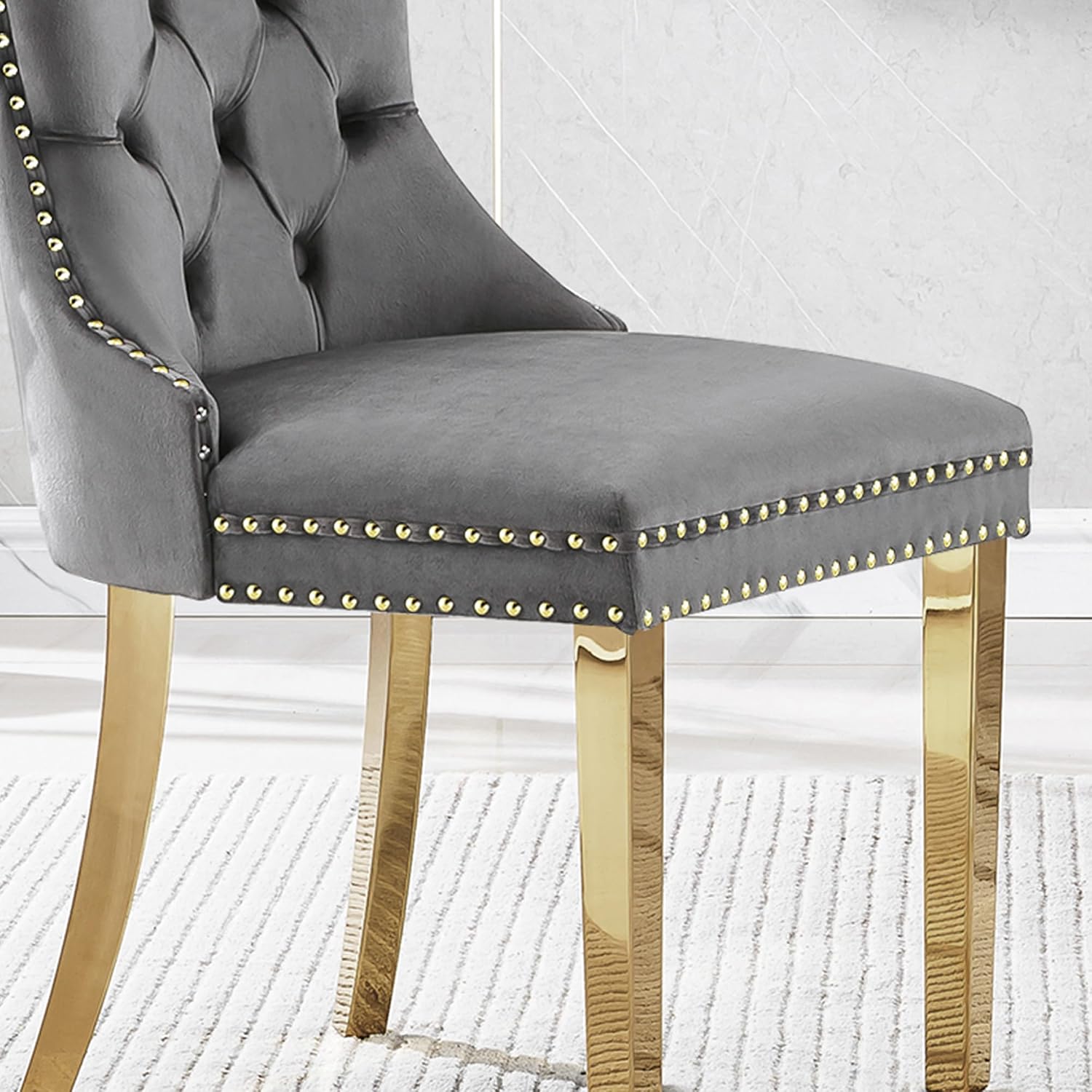 Grey Velvet Dining Chairs Set of 4, Mid Century Modern Kitchen & Dining Room Chairs, Fabric Tufted Dinning Chairs, Velvet Upholstered, Wing Back, Pull Ring, Stainless Steel Legs, Gold