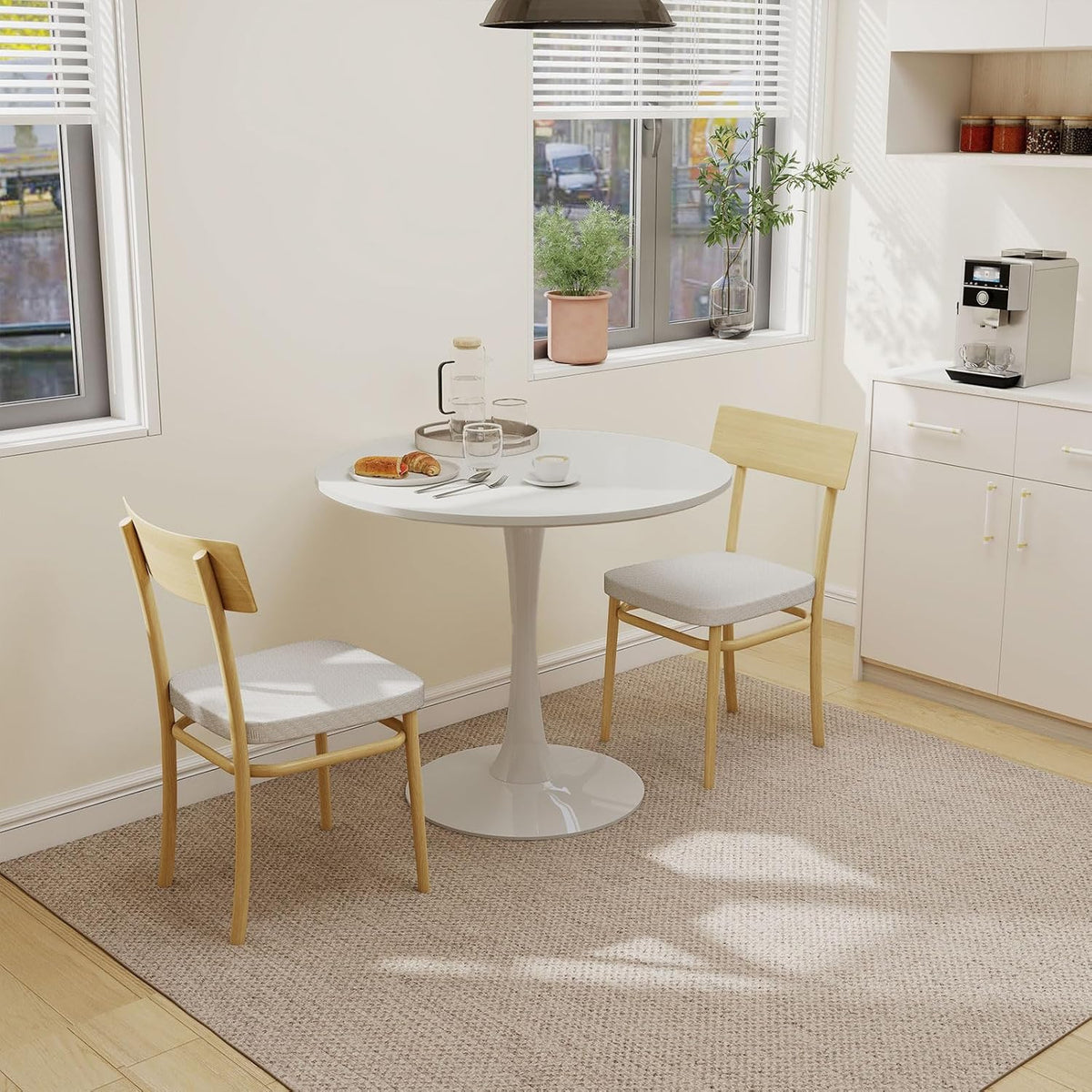 27.5" White Round Dining Table, MDF Top with Metal Pedestal Base, Modern Accent Table for Small Spaces, Kitchen, Dining Room & Living Room