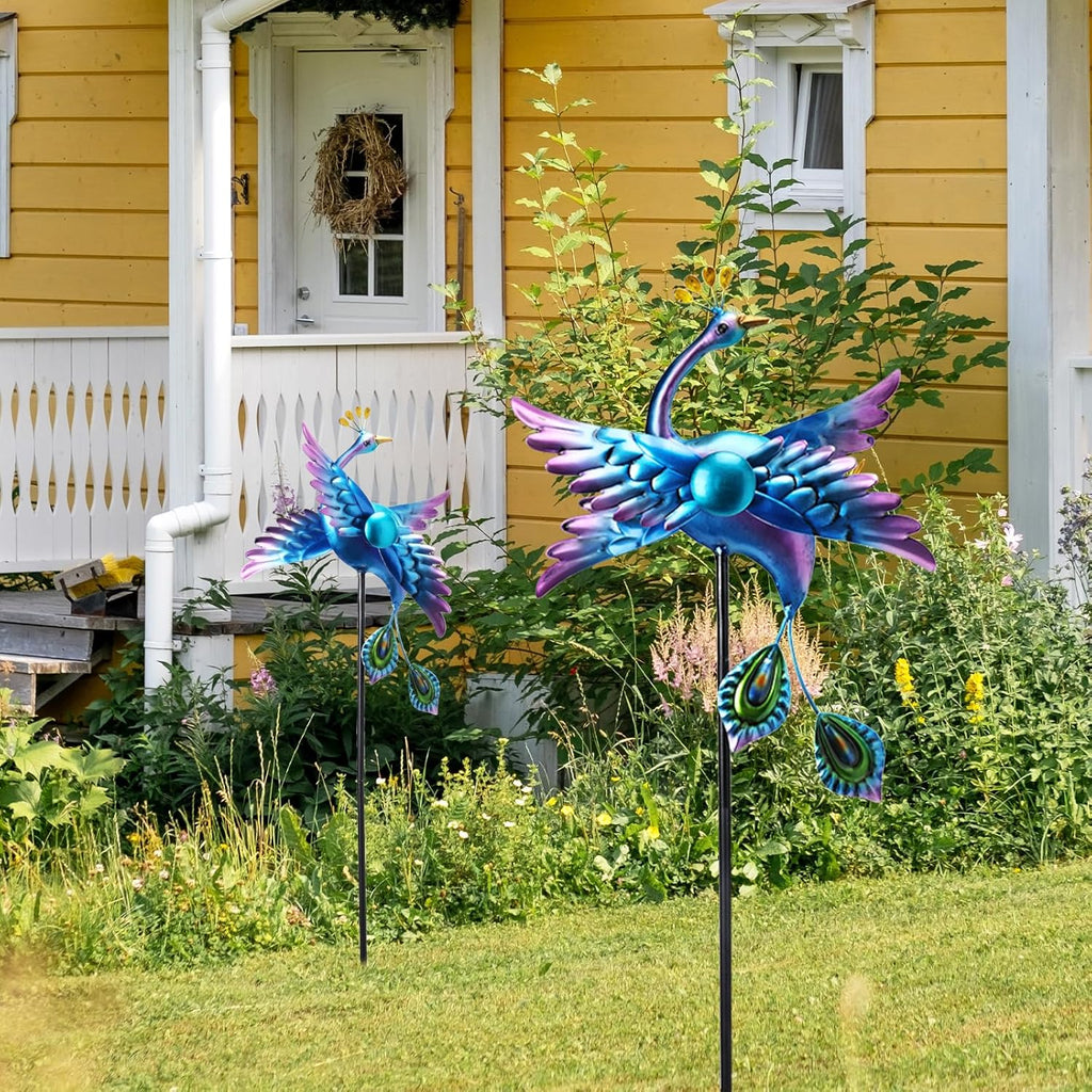 WONDER GARDEN Wind Spinners Outdoor - 2 Pack Small Metal Blue Peacock Wind Spinner Windmill, Wind Sculpture for Yard Patio Lawn Decor