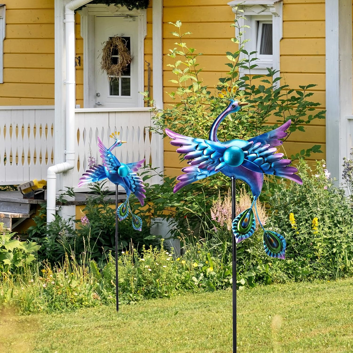 WONDER GARDEN Wind Spinners Outdoor - 2 Pack Small Metal Blue Peacock Wind Spinner Windmill, Wind Sculpture for Yard Patio Lawn Decor