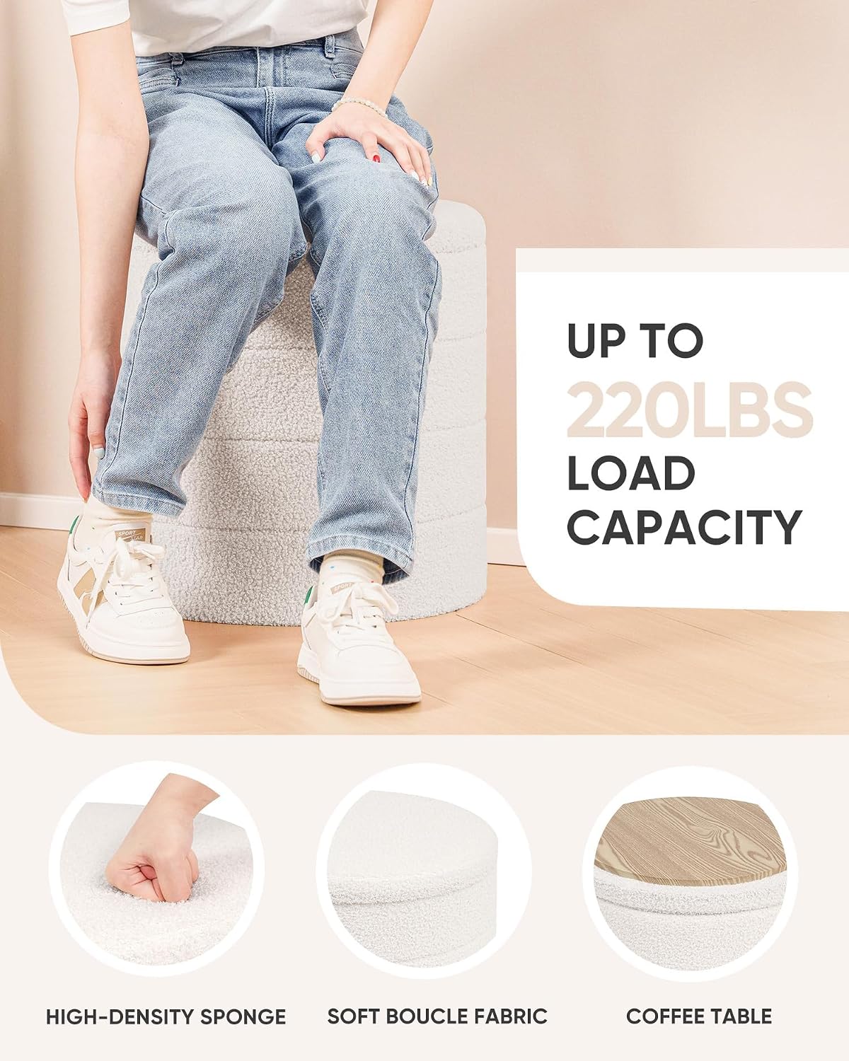 B FSOBEIIALEO Folding Storage Ottoman, Round Sherpa Ottomans, Cream White | 16.9" Foldable Ottoman With Tray, Boucle Foot Stool, Small Storage Coffee Table for Living Room, Bedroom, Hallway
