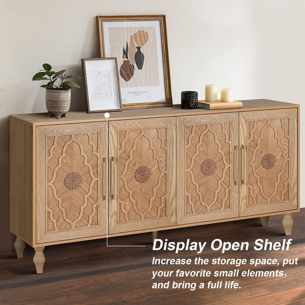 Sideboard Buffet 63" Credenzas for Living Room, Entryway Table with Storage Cabinet Natural Wood Color, Carved Flowers Doors & Cable Holes