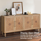 Sideboard Buffet 63" Credenzas for Living Room, Entryway Table with Storage Cabinet Natural Wood Color, Carved Flowers Doors & Cable Holes