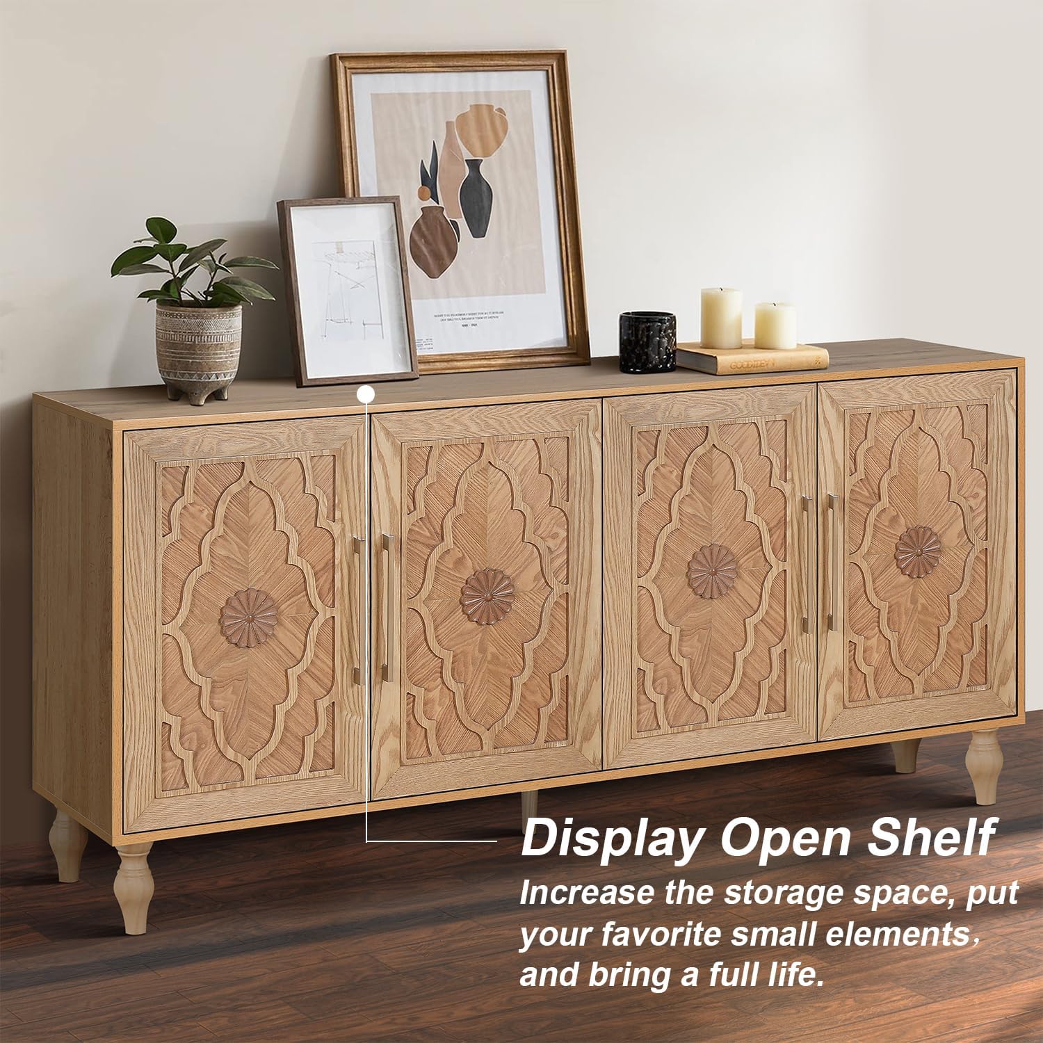 Sideboard Buffet 63" Credenzas for Living Room, Entryway Table with Storage Cabinet Natural Wood Color, Carved Flowers Doors & Cable Holes