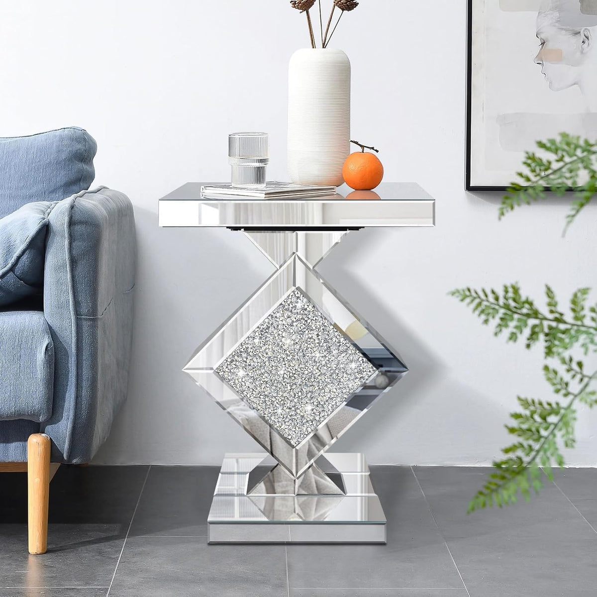 Crushed Diamond Mirrored End Table, Silver Side Accent Table, Small Mirrored Coffee Table for Living Room, Bedroom, 16"x16"x24"