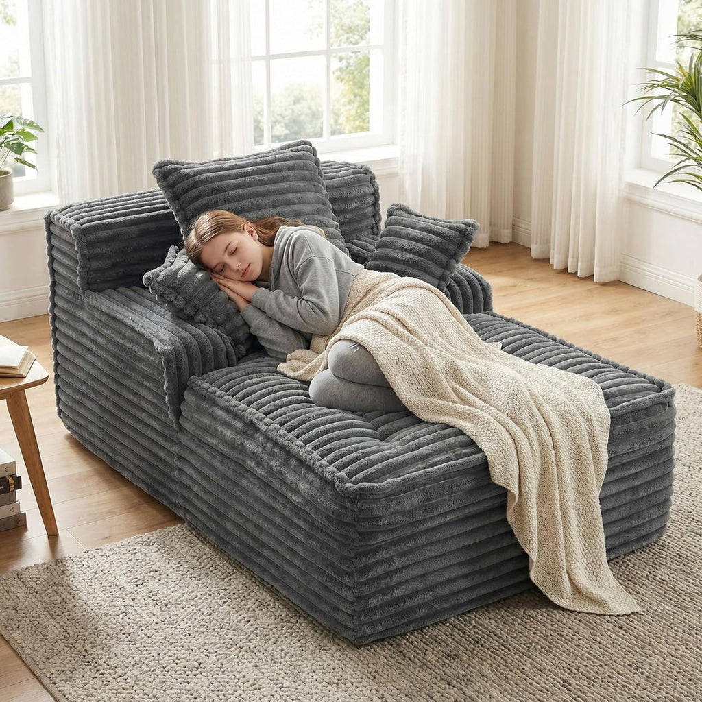 Chaise Lounge Chair Indoor, Top Fixed-Point Comfort Layer Couch, 57'' Cloud Corduroy Sofa Bed, Block + Crumb Foam Construction, Deep Seat Reading Chair with 3 Pillows, No Assembly