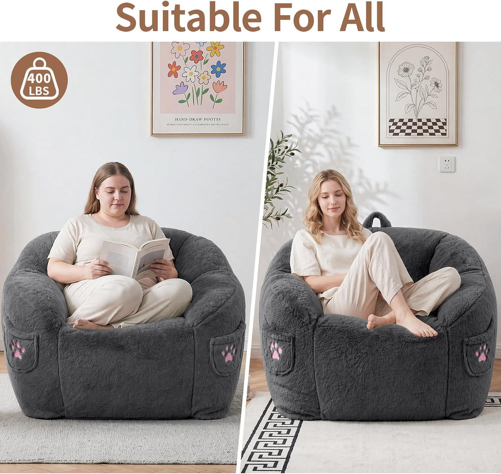 Vipbear Cat Paw Bean Bag Chair, Oversized Air-Cushion Sofa Chair Dark Gray | 39", air-cushion filling, cat paw Pocket, carry handle, oversized firm support, ergonomic, plush faux fur, gaming, reading