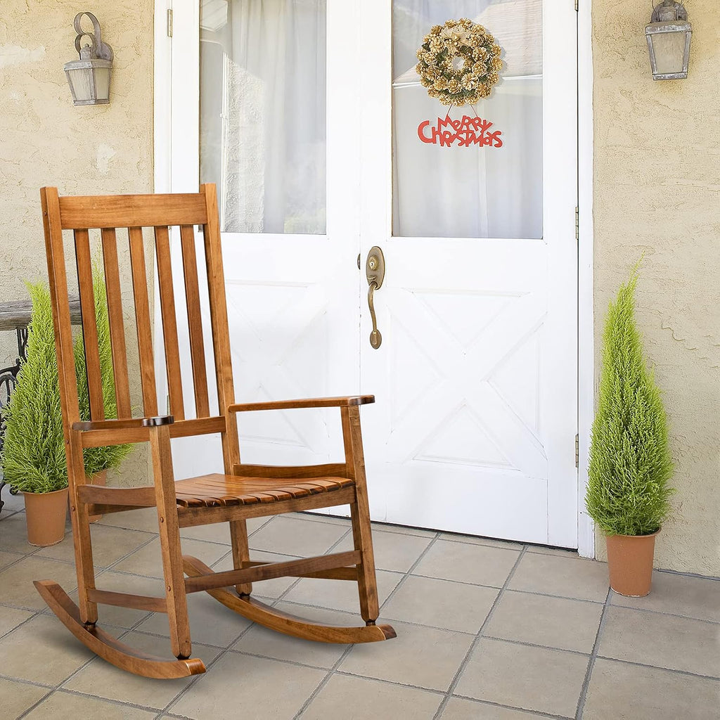 Rocking Chair Wooden Frame Chair Indoor and Outdoor,Outdoor Rocking Chair, Patio Wooden Rocking Chair with Smooth Armrests, High Back for Garden, Balcony, Porch, Supports Up to 352 lbs., Natural