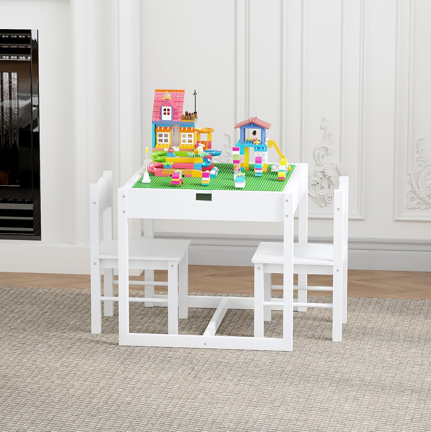 4NM 3 in 1 Kids Table Set, Children Tables and Chairs, Toddler Play Activity Table with Hidden Storage Wood Building Block Desk for Ages 3-7 - White Green