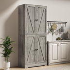 LYNSOM Farmhouse Storage Cabinet with 4 Barn Doors and Adjustable Shelves, Grey丨72 Tall Pantry Cabinet, Freestanding Buffet Cupboards Sideboard for Kitchen, Dining Room, Livingroom