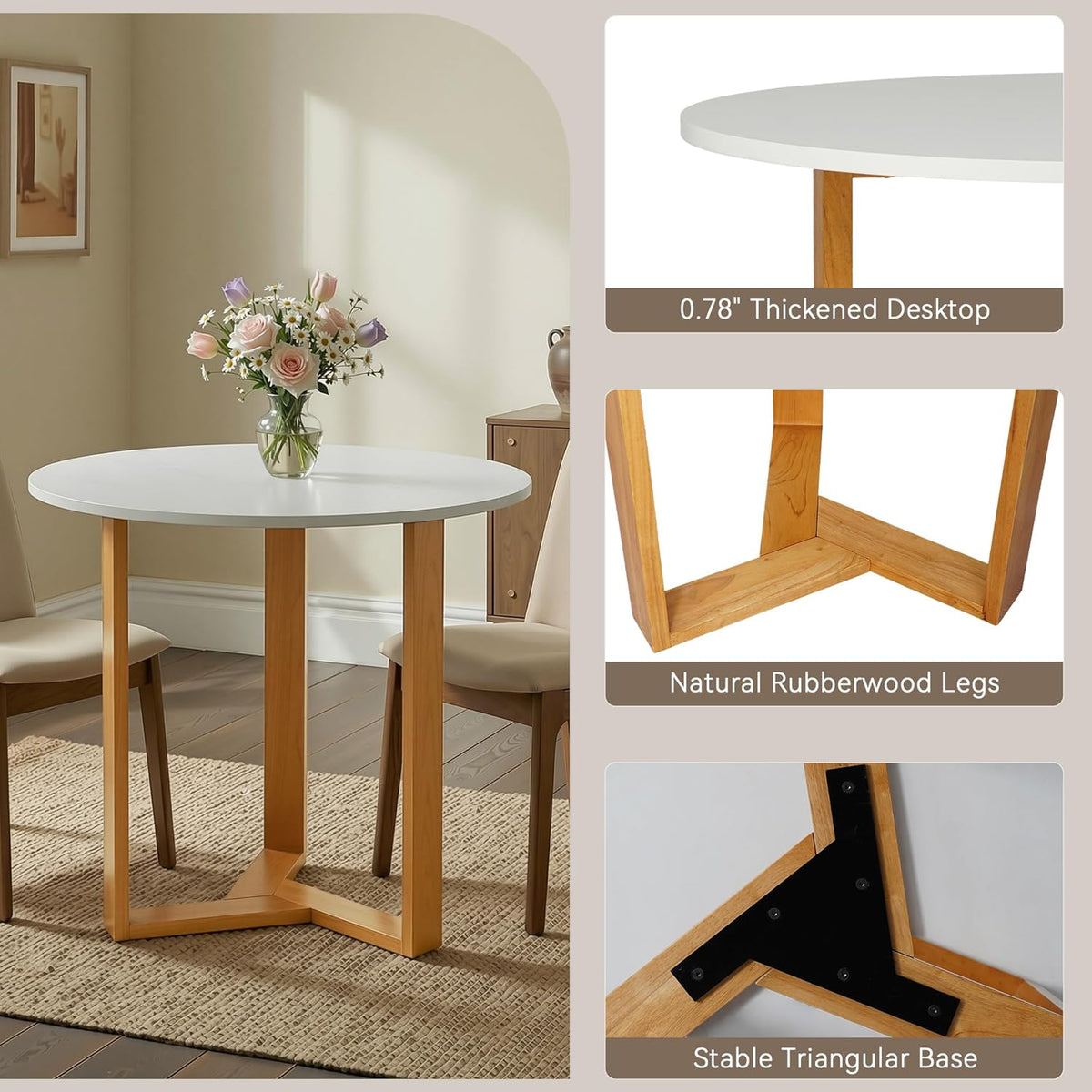 SIMTONAL 31.5" Round Dining Table, Space-Saving Small Dining Table for 2-4 People with Wood Grain Tabletop and Geometric Pedestal Base, Modern Farmhouse Table for Small Spaces, Apartment,White