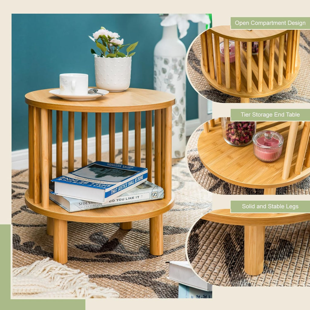 MFSTUDIO Bamboo Nightstand End Table Set of 2, Round 15.7" Bedside Tables with 2-Tier Open Storage for Small Spaces, 2 Pieces Farmhouse Natural Bamboo Wood End Table for Living Room