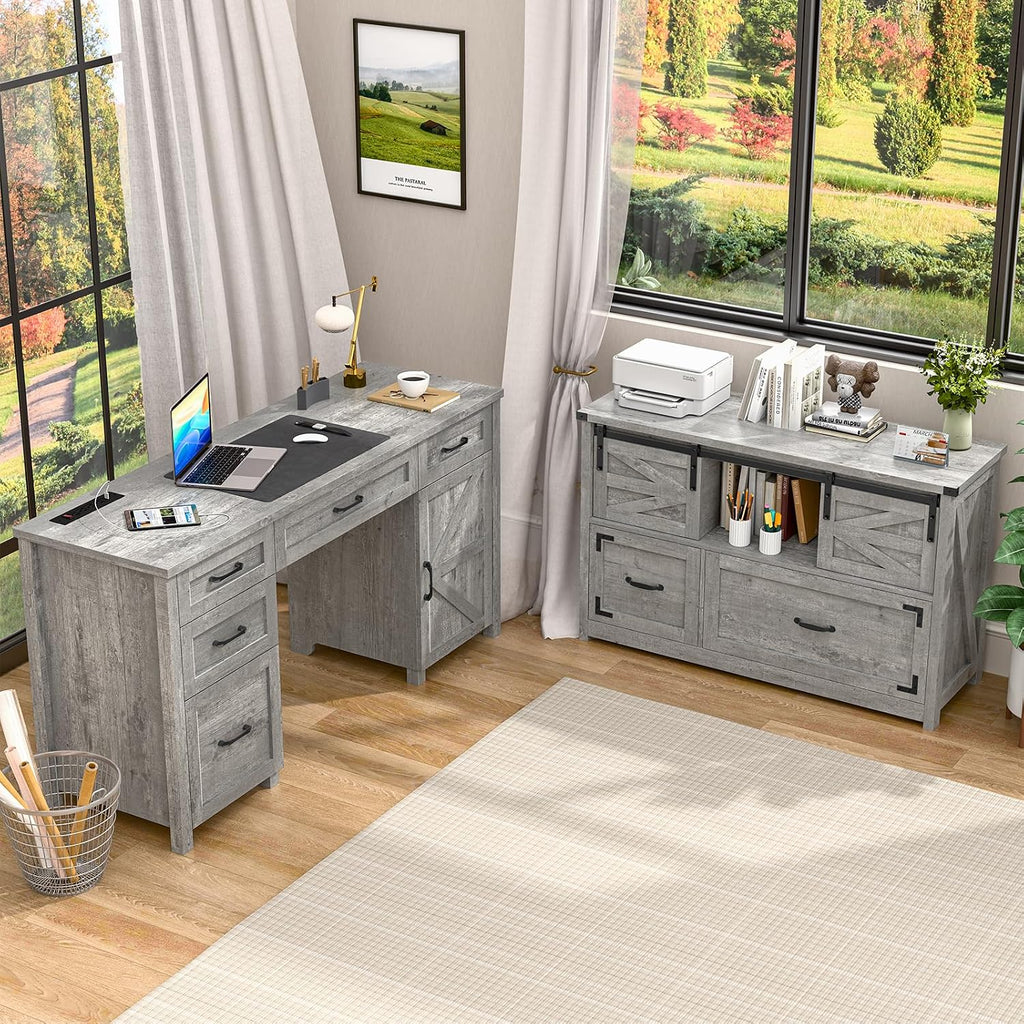 Halitaa Lateral File Cabinets 2 Drawer with Sliding Barn Doors, Grey | Farmhouse File Cabinet with 2 drawer for Home Office，Filing Organization Storage Cabinet for Hanging Files Letter/Legal/F4/A4