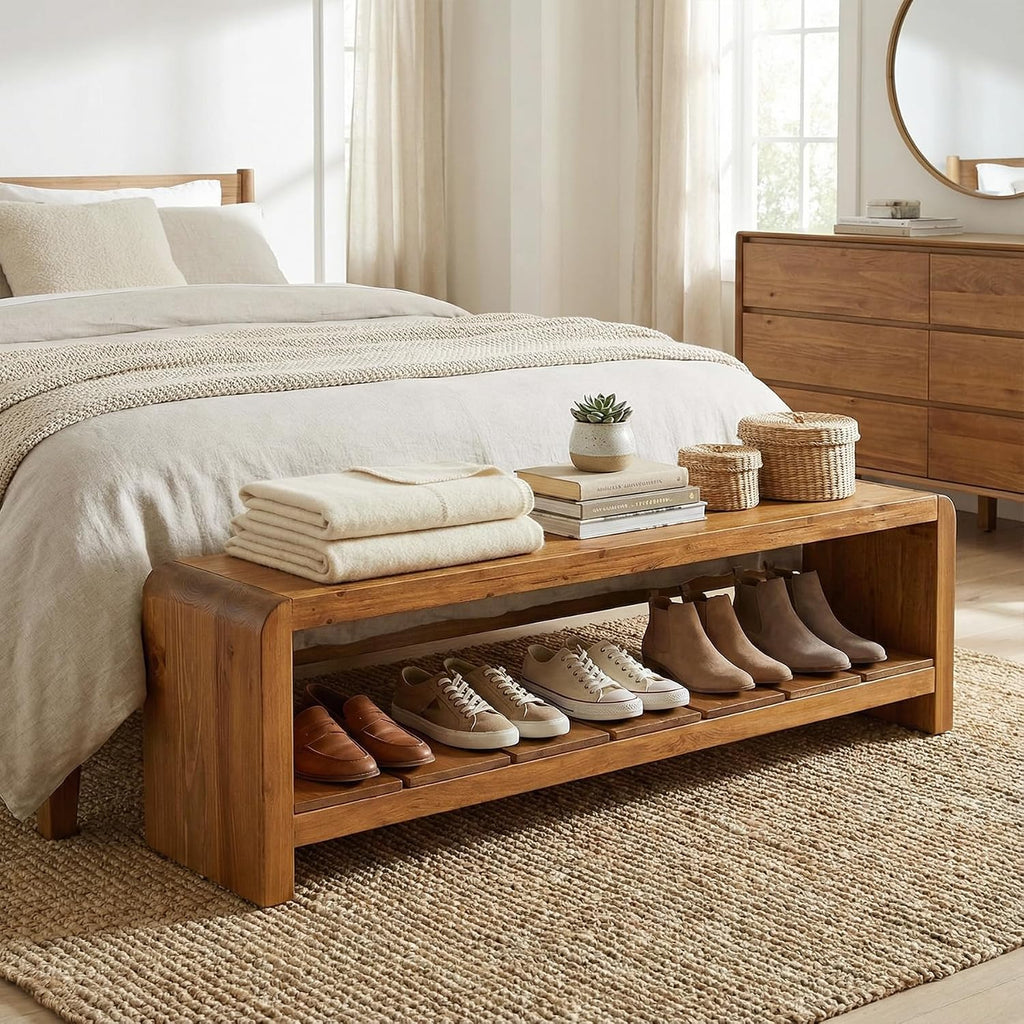 Solid Wood Entryway Bench with Shoe Storage, 59.06-Inch Long Shoe Bench with Open Shelf, Farmhouse End of Bed Seating for Hallway, Foyer, Bedroom, Walnut Brown
