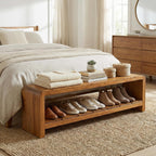 Solid Wood Entryway Bench with Shoe Storage, 59.06-Inch Long Shoe Bench with Open Shelf, Farmhouse End of Bed Seating for Hallway, Foyer, Bedroom, Walnut Brown