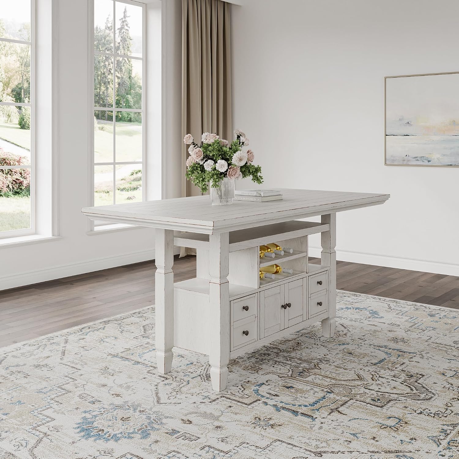 Signature Design By Ashley Robbinsdale 72-Inch Counter Height Dining Table with Kitchen Island Storage, Rubberwood Solids, Ash Veneer and MDF Substrates, Antique White