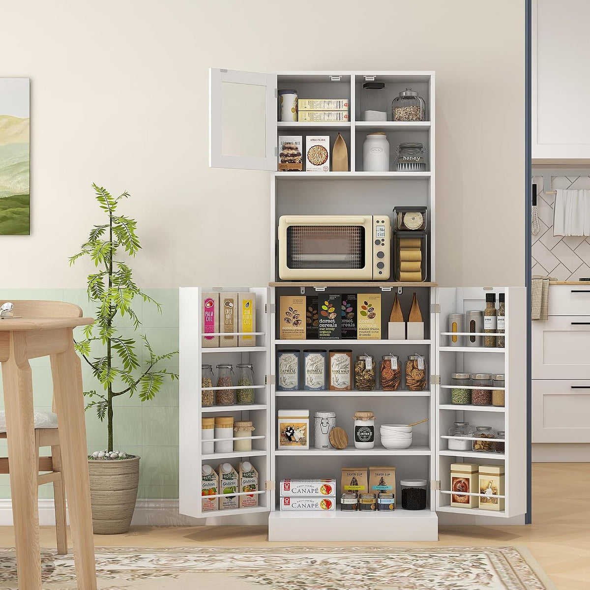 66.5" Pantry Cabinet with Microwave Stand,Freestanding Kitchen Storage Cabinet with Hutch,8 Door Shelves,Adjustable Shelves,for Dining Room,White