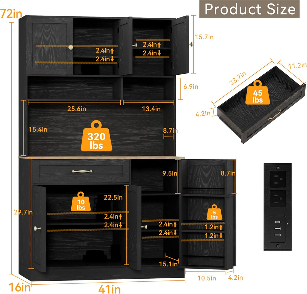FJTJBSI 72" Kitchen Pantry Cabinet with LED Light and Charging Station Tall Pantry Storage Cabinet with Adjustable Shelves and Door Shelves Modern Kitchen Hutch with Countertop Black