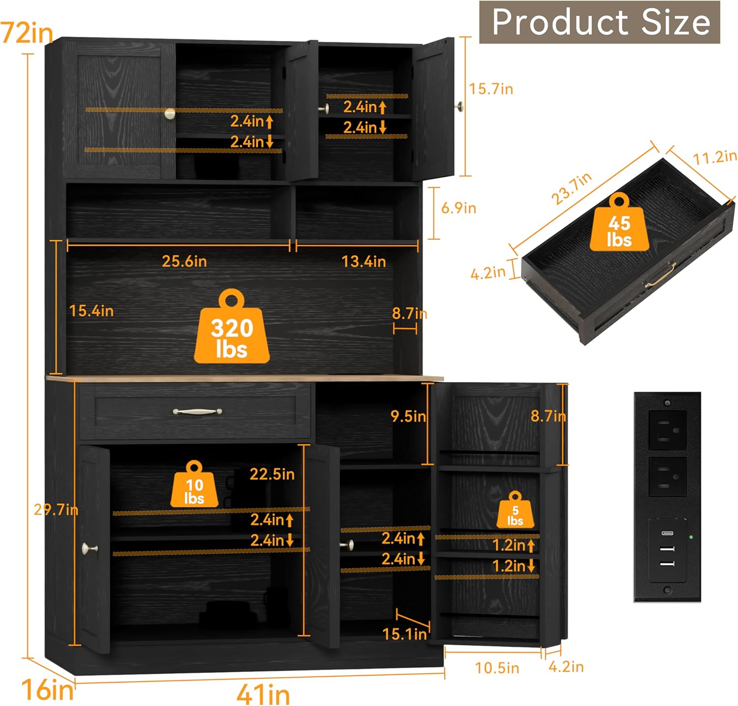 FJTJBSI 72" Kitchen Pantry Cabinet with LED Light and Charging Station Tall Pantry Storage Cabinet with Adjustable Shelves and Door Shelves Modern Kitchen Hutch with Countertop Black