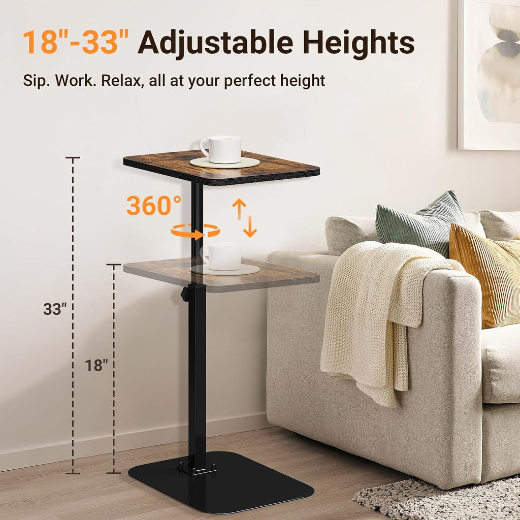 ELYKEN Adjustable Height TV Tray Table for Couch, 360° Swivel Side Table | C Shaped End Table, 18"-33" Height Range Laptop Stand for Recliner, Small Bedside Table