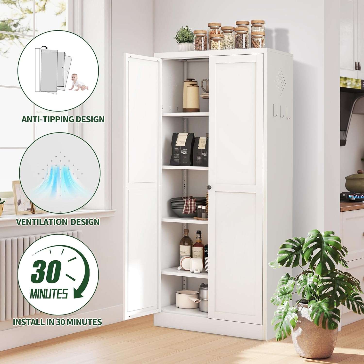 Kitchen Pantry Cabinet,White Metal Pantry Cabinet with 2 Doors & 4 Adjustable Shelves,61" Farmhouse Utility Storage Cabinet for Living Room,Garage,Basement