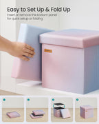 SONGMICS Folding Storage Ottoman Bench, Linen Fabric, Storage Chest, Foot Rest Stool, Holds up to 286.6 lb, 11.8 x 11.8 x 11.8 in, Bedroom Bench, Pink-Blue Ombre, Minota Collection ULSF028X101