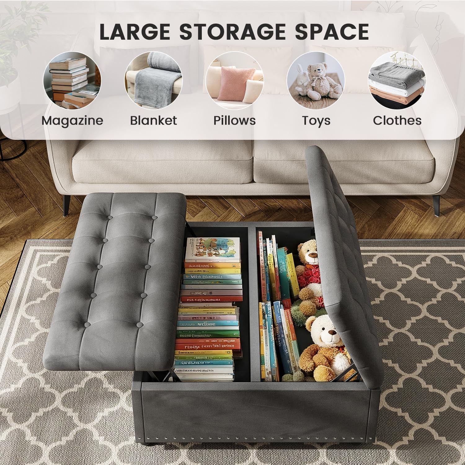 FUXA 35" Large Square Ottoman with Storage and Lift Top, Wood Legs, Gray | Oversized Coffee Table, Tufted Upholstered Bench, Sturdy Construction, for Living Room