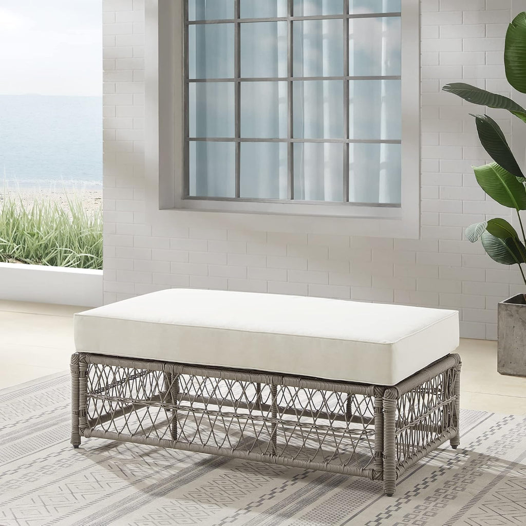 Crosley Furniture Thatcher Wicker Coffee Table and Ottoman Foot Rest for Porch, Deck, Backyard, Driftwood with Creme Cushions