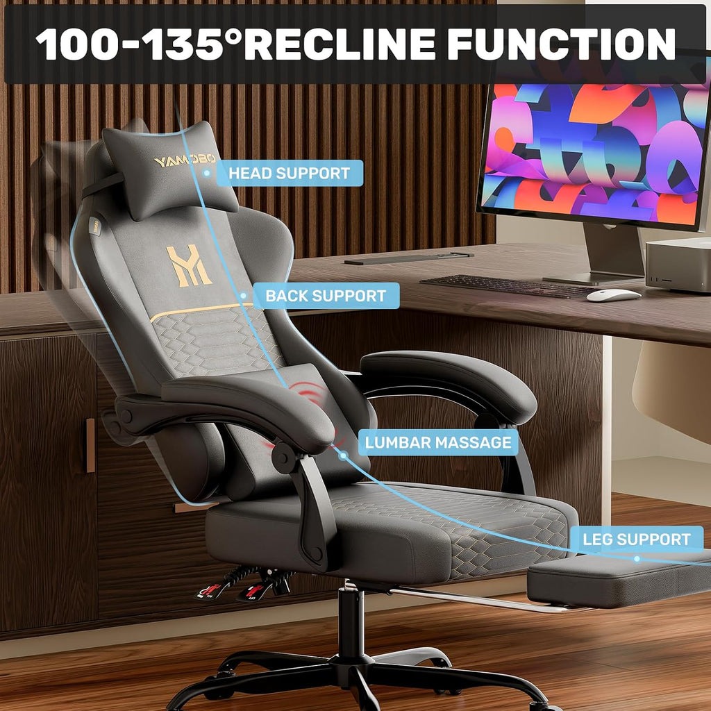 Gaming Chair with Footrest, Ergonomic Video Game Chair with Adjustable Lumbar and Headrest Massage Support,PU Leather High Back Recliner Comfortable for Office, Game and Study, Black