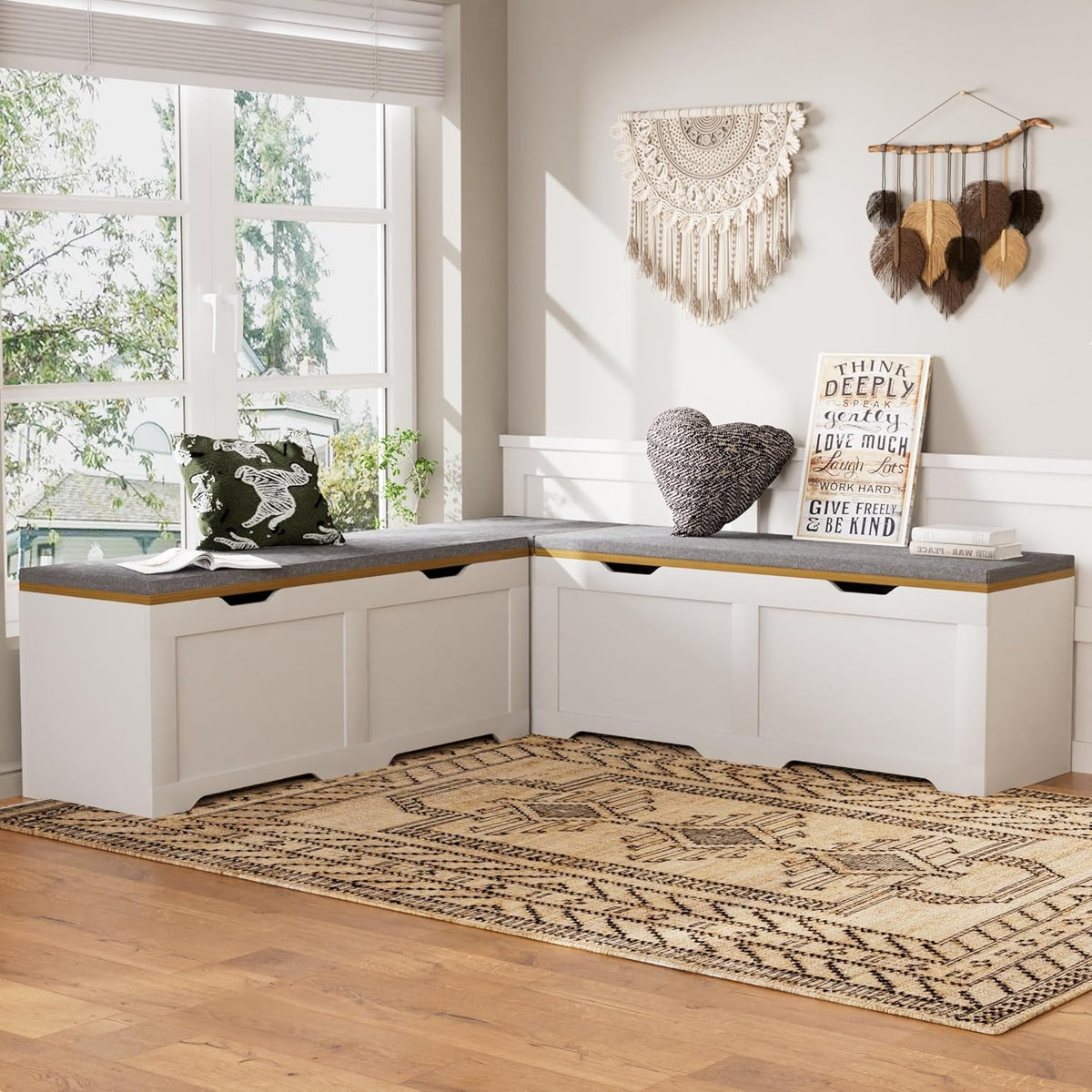 3-Piece L-Shape Storage Bench Set with Cushion, Kitchen Dining Nook Bench with Hidden Storage for Dining Room, Entryway,Backless Corner Dining Bench (White)